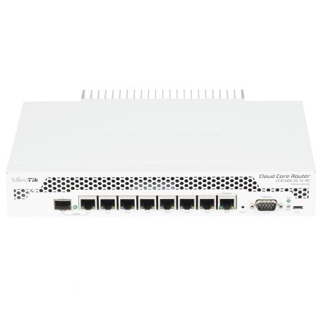 Маршрутизатор Mikrotik CCR1009-7G-1C-PC with Tilera Tile-Gx9 CPU (9-cores, 1Ghz per core), 1Gb RAM, 7xGbit LAN, 1x Combo port (1xGbit LAN or SFP), RouterOS L6, passive cooling desktop enclosure, rackmount ears, PSU