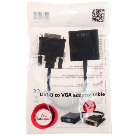 Переходник DVI-D-VGA Cablexpert A-DVID-VGAF-01, 25M/15F, длина кабеля 0,2м, черный, пакет