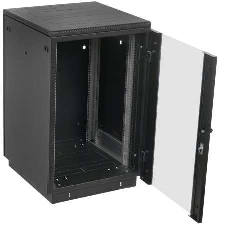 Шкаф коммутационный ЦМО ШТК-М-18.6.6-1ААА-9005 18U 600x600 мм пер. дв. стекл задн. дв. стал.лист 2 бок. пан. направл. под закл.гайки 270 кг черный