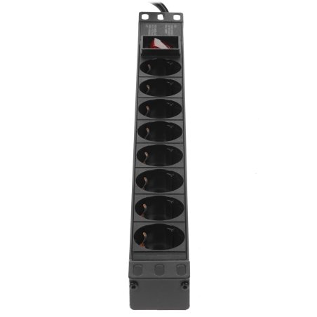 Блок розеток горизонтальный ExeGate ServerPro PDU-19H805 Al-8S-EU3-SW, 19", 1U, Алюминий, 8 Schuko, кабель с евровилкой VDE-250V-16A-3*1.5мм2, 3 метра, выкл. с подсветкой, черный