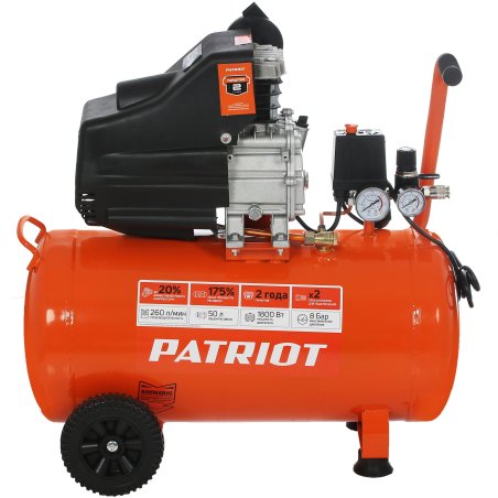 Компрессор PATRIOT EURO 50-260К 525306316 Мощность: 1.8 кВт; Напряжение: 230В~50Гц; Обороты двигателя: 2850 об/мин; Производительность: 260 л/мин; Объем ресивера: 50 л; Давление: 8 бар; Вес: 28,5