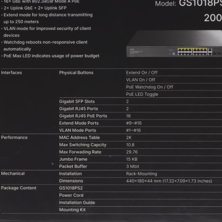 Коммутатор Cudy GS1018PS2 (L2) 18x1Gbит/с 2xКомбо(1000BASE-T/SFP) 2SFP 16PoE 200W неуправляемый