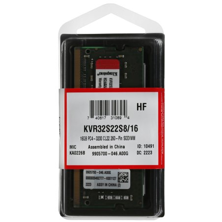 Оперативная память Kingston ValueRAM, DDR4, 16Gb (1x16Gb), 3200MHz, CL22, SO-DIMM