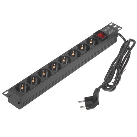 Блок розеток горизонтальный ExeGate ServerPro PDU-19H803 Al-8S-EU2-SW, 19", 1U, Алюминий, 8 Schuko, кабель с евровилкой VDE-250V-16A-3*1.5мм2, 2 метра, выкл. с подсветкой, черный