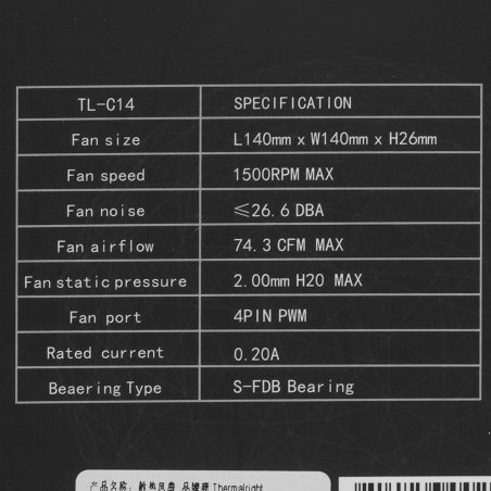 Вентилятор для корпуса Thermalright TL-C14 черный, 140 мм, 1500 об/мин, 26.6 дБ, 4 pin