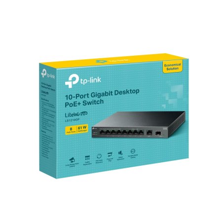 Коммутатор настольный TP-Link LS1210GP с 9 гигабитными портами (8 портов PoE+) и портом SFP