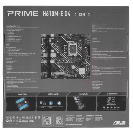 Материнская плата ASUS PRIME H610M-E D4-CSM, LGA 1700, Intel H610, 2xDDR4, 4xSATA, 2xM.2 PCIe 3.0 (x2, x4), 1xPCIe 4.0 x16, 1xPCIe x1, 1xHDMI, 1xDP, 1xVGA, 2xUSB-A 2.0, 2xUSB-A 3.2 Gen 1, 1x 1Gb LAN, 3x3.5 мм, 7.1, mATX
