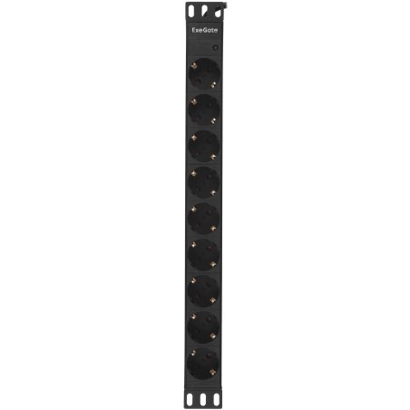 Блок розеток горизонтальный ExeGate ServerPro PDU-19H904 Al-9S-EU2.5, 19", 1U, Алюминий, 9 Schuko, кабель с евровилкой VDE-250V-16A-3*1.5мм2, 2.5 метра, черный