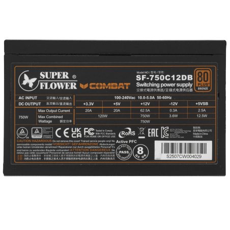 Блок питания 750Вт/ Power Supply Super Flower Combat DB ATX 3.1, 750W, ATX, 120мм, 6xSATA, 3xPCI-E(6+2), 1xPCI-E 16, APFC, 80 PLUS Bronze, non-Modular