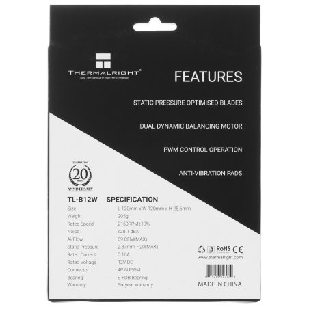 Вентилятор для корпуса Thermalright TL-C14W-Sx3 белый (140x140x26мм, 4-pin PWM, ARGb, 74.3CFM, 26.6dBA, 1500RPM)