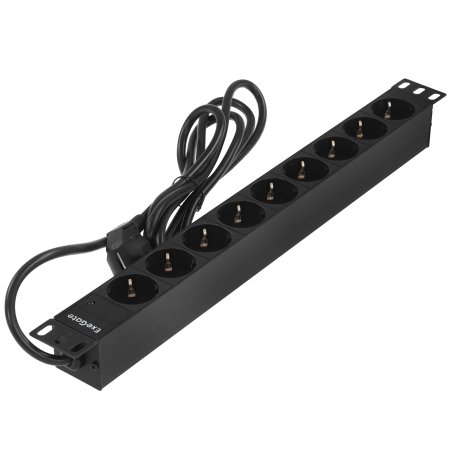 Блок розеток горизонтальный ExeGate ServerPro PDU-19H904 Al-9S-EU2.5, 19", 1U, Алюминий, 9 Schuko, кабель с евровилкой VDE-250V-16A-3*1.5мм2, 2.5 метра, черный