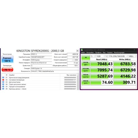 Накопитель SSD Kingston Fury Renegade, 1Tb, PCIe 4.0 x4, M.2 2280, NVMe, R/W 7300/6000, с радиатором