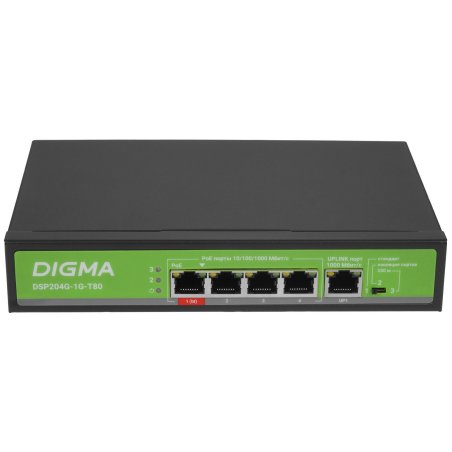 Коммутатор Digma DSP204G-1G-T80 (L2) 5x1Gbит/с 4PoE 4PoE+ 1PoE++ 80W неуправляемый