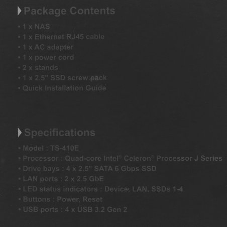 Сетевое хранилище SMB QNAP TS-410E-8G NAS fanless 4 2.5 SSD trays. Intel Celeron J6412 4-core 2.0-2.6 GHz, 8 Gb RAM (max), 2x2.5 GbE, 4xUSB 3.2 Gen 2 (10Gbps),1xHDMI