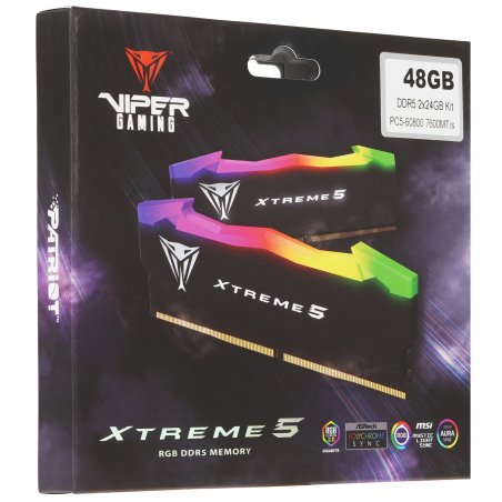 Оперативная память Patriot Viper Xtreme 5, DDR5, 48Gb (2x24Gb), 7600MHz, CL36, DIMM, с радиаторами, RGb, черный
