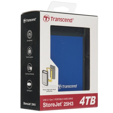 Внешний HDD 2.5" Transcend StoreJet 25H3, 4TB, USB 3.2 Gen 1 Type-A, 5400 rpm, синий