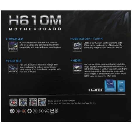 Материнская плата Biostar H610MHD D5, LGA1700, Intel H610, 2xDDR5, 4xSATA, 1xM.2, 1xPCIe 4.0 x16, 1xPCIe 3.0 x1, 1xDP, 1xHDMI, 1x1Gb LAN, 2xUSB-A 5Gbps, 4xUSB-A 2.0, 2x3.5 мм, 7.1, mATX