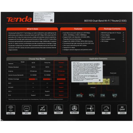 Wi-Fi роутер Tenda TE6L Pro Wi-Fi 7 Двухдиапазонный гигабитный BE5100, до 688 Мбит/с на 2,4 ГГц + до 4323 Мбит/с на 5 ГГц