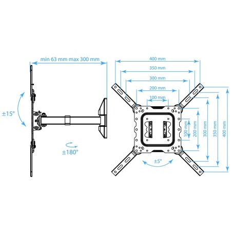 Кронштейн Kromax DIX-17 BLACK (для LED/LCD телевизоров 22"-55", max 30 кг, настенный, 4 ст свободы, наклон ±15°, поворот 180°, от стены 63-300 мм, max VESA 400x400 мм, вращение экрана ±5°, съемная монтажная пластина, кабель-канал, 5 шт/уп.)