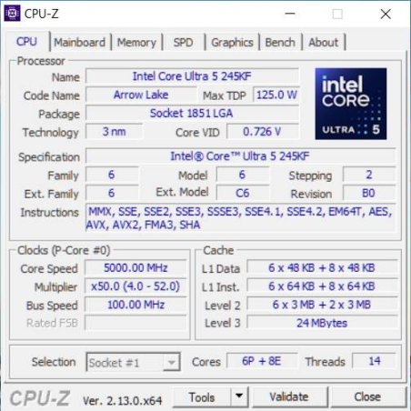 Процессор Intel Core Ultra 5 245KF OEM (Arrow Lake, C14(8EC/6PC)/T14, 3,6/5,2GHz, Without Graphics, L2 26Mb, Cache 24Mb, TDP 125/159W, S1851)