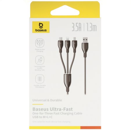 Baseus Ultra-Fast One-for-Three Fast Charging Cable USBAtoM+L+C 3.5A 1.3Cosmic Black P10376303121-00