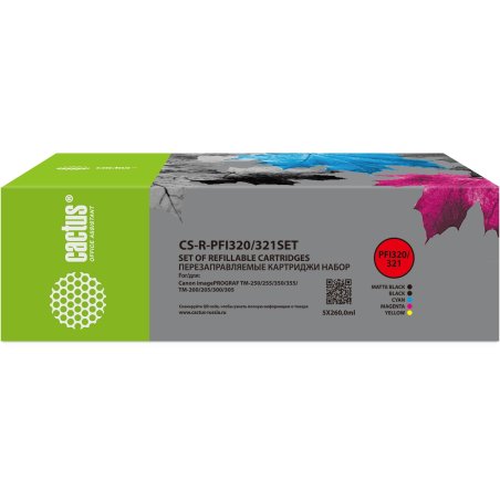 Картридж перезаправляемый струйный Cactus CS-R-PFI320/321SET набор 5шт.упак. для Canon imagePROGRAF TM-200/200MFP/205/300/300MFP/305/250/255/350/355 с чипом