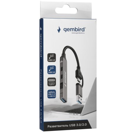 Разветвитель USB 3.0/2.0 Gembird, 4 порта: 2хType-C, 1хUSB 3.0, 1хUSB 2.0, кабель Type-C+USB