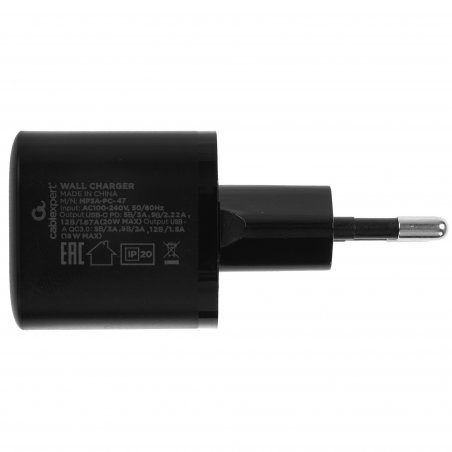 Сетевое зарядное устройство Cablexpert 20Вт, 3А, QC3.0/PD, 1xUSB, 1xType-C, черный, пакет
