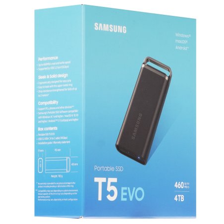 Внешний SSD Samsung T5 EVO, 4TB, USB 3.2 Gen 1 Type-C, R/W 460/460, черный