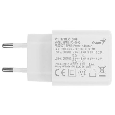 Сетевое зарядное устройство Genius PD-20AC. Мощность 20Вт. Совместимость (порт USB-C и порт USB-A)