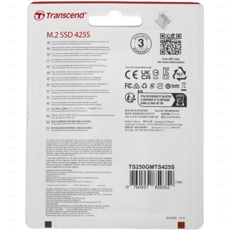 Накопитель SSD M.2 Transcend 250Gb MTS425 TS250GMTS425S (SATA3, up to 500/330MBs, 3D NAND, 90TBW, 22x42мм)
