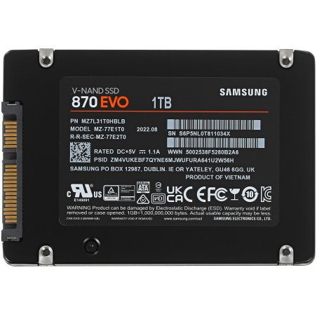 Накопитель SSD Samsung 870 EVO, 1Tb, SATA III, 2.5", R/W 560/530