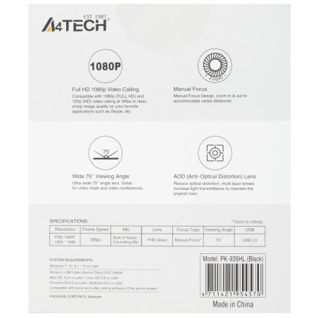 Веб-камера A4 PK-935HL черный 2Mpix (1920x1080) USB2.0 с микрофоном