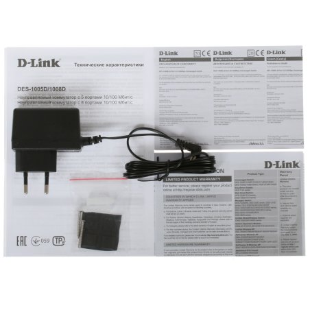 Неуправляемый коммутатор с 8 портами 10/100Base-TX D-Link DES-1008D/(K2A/K3A)RU/J1A/J2A/L2A/L2B