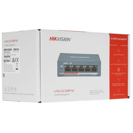 Коммутатор Hikvision DS-3E0105P-E(B) 4 RJ45 100M PoE с грозозащитой 6кВ, 2 порт с высоким приоритетом; 1 Uplink порт 100М Ethernet; бюджет PoE 60Вт; поддержка режима передачи до 250м,10Мб/с, CAT5e; таблица MAC а