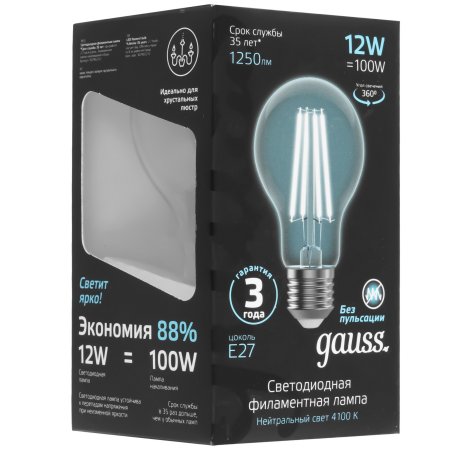 Лампа cветодиодная Gauss Filament А60 12W 1250lm 4100К Е27 LED 1/10/40