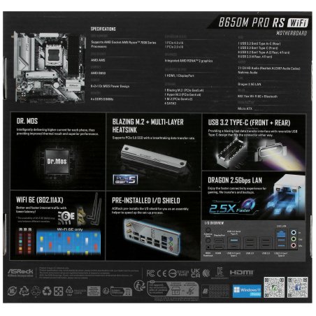 Материнская плата ASRock B650M PRO RS, AM5, AMD B650, 4xDDR5, 4xSATA, 3xM.2, 1xPCIe 4.0 x16, 1xPCIe 3.0 x4, 1xDP, 1xHDMI, 1x2.5Gb LAN, 1xUSB-C 10Gbps, 1xUSB-A 10Gbps, 2xUSB-A 5Gbps, 4xUSB-A 2.0, 3x3.5 мм, 7.1, mATX