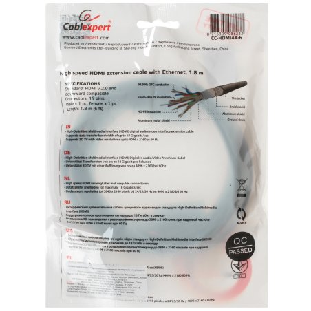 Кабель-удлинитель HDMI Cablexpert CC-HDMI4X-6, 19M/19F, v2.0, позол.разъемы, экран, 1.8м, черный, пакет