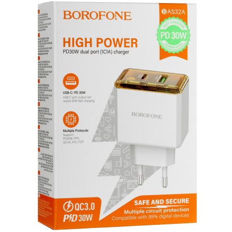 Сетевое зарядное устройство BOROFONE (6941991110696) BAS32A 1USB+1Type-C 3.0A QC3.0 PD 30W, белый