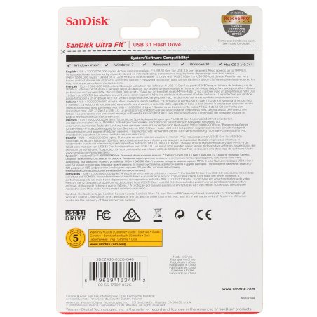 Флешка USB Sandisk Ultra Fit USB 3.1 32Gb - Small Form Factor Plug & Stay Hi-Speed USB