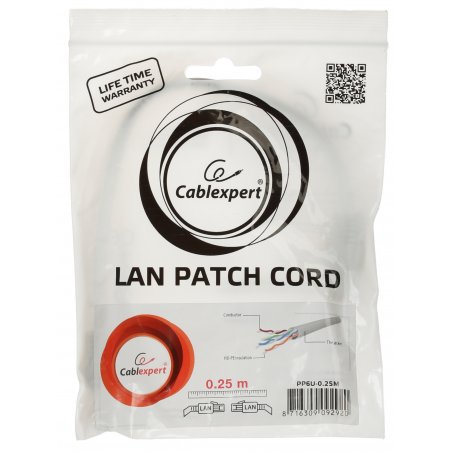 Патч-корд UTP Cablexpert PP6U-0.25M/BK cat.6, 0.25м, литой, многожильный, черный
