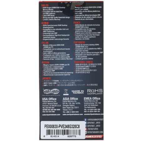 Оперативная память Patriot Viper Elite II, DDR4, 8Gb (1x8 Gb), 3200 MHz, CL18, DIMM, радиатор, красный/черный