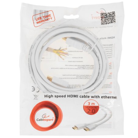Кабель Cablexpert HDMI CC-HDMI4-W-10, 19M/19M, v2.0, медь, позол.разъемы, экран, 3 м, белый, пакет