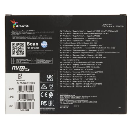 Накопитель SSD ADATA LEGEND 900, 512Gb, PCIe 4.0 x4, M.2 2280, NVMe, R/W 6200/2300, с радиатором