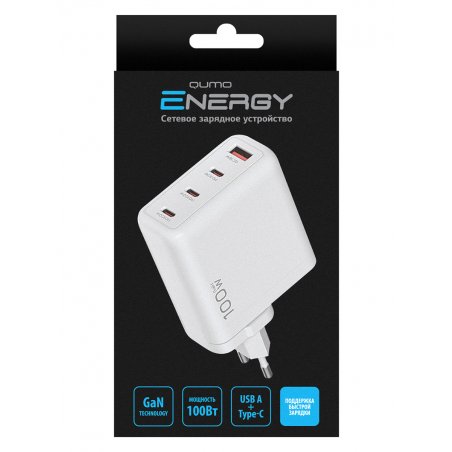 Сетевое зарядное устройство Qumo Energy (Charger 0026) 2.1A, встроенный кабель Lightning 8 Pin, белый