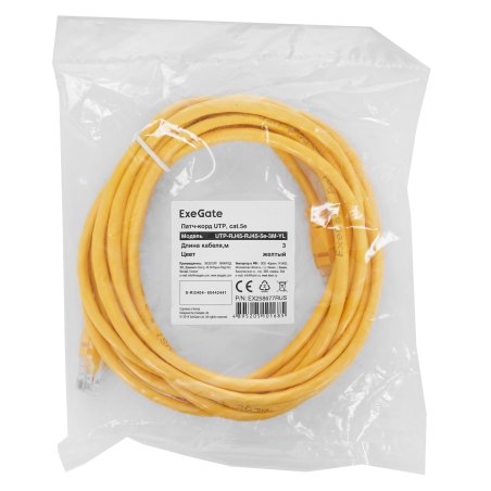 Патч-корд UTP кат.5e, 3м ExeGate желтый