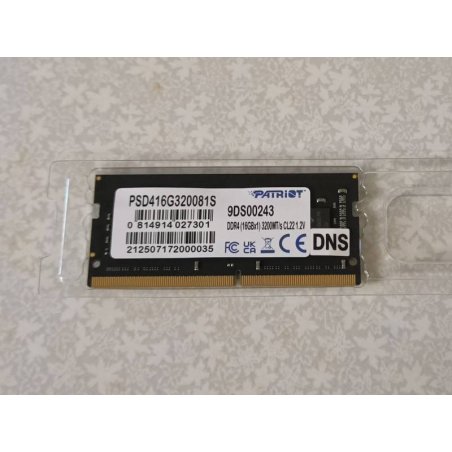 Оперативная память Patriot Signature, DDR4, 16GB (1x16 GB), 3200 MHz, CL22, SO-DIMM