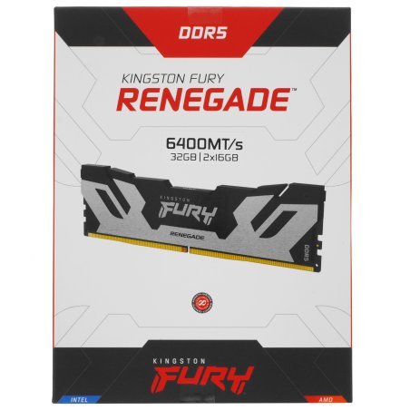 Оперативная память Kingston Fury Renegade, DDR5, 32Gb (2x16Gb), 6400MHz, CL32, DIMM, с радиатором, серебристый/черный