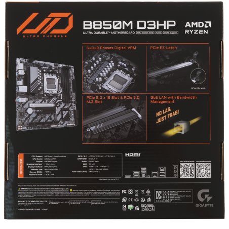 Материнская плата Gigabyte B850M D3HP, AM5, AMD B850, 4xDDR5, 4xSATA, 2xM.2, 1xPCIe 5.0 x16, 1xPCIe 3.0 x4, 1xHDMI, 2xDP, 1x 1Gb LAN, 3xUSB-A 3.2 Gen 1, 2xUSB-A 2.0, 1xUSB-C 3.2 Gen 1, 3x3.5 мм, 7.1, mATX