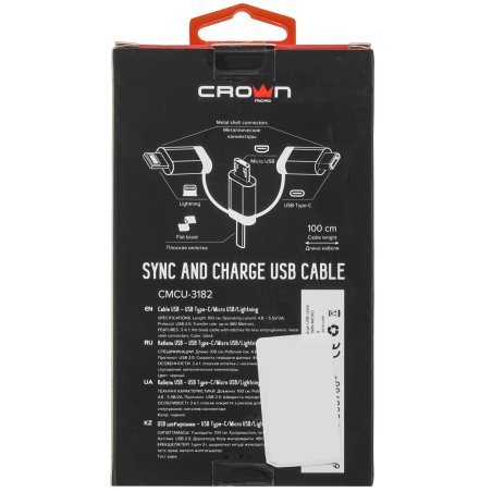 Кабель Crown USB - microUSB/USB Type-C/Lightning CMCU-3182 черный